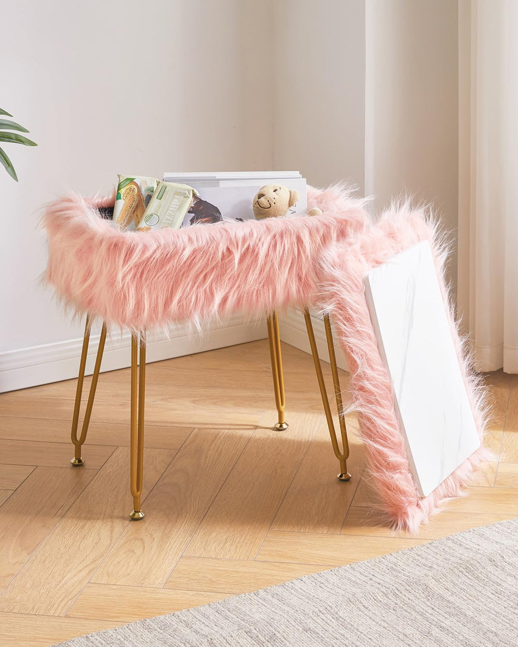 IBUYKE Rectangular Faux Fur Vanity Stool with Storage, Pink WBD022P | Furry Makeup Chair Ottoman Soft Padded Seat Round Footrest Footstools 4 Metal Legs Living Room Bedroom Entryway