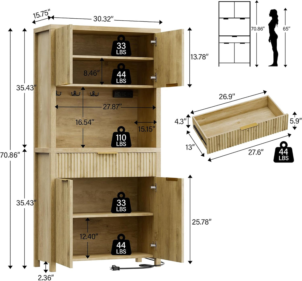 Lulive 71" Fluted Pantry Cabinet with Charging Station & Adjustable Shelves, Spacious Kitchen Storage Cabinet with Open Countertop & Drawer for Dining Room, Living Room, Natrual