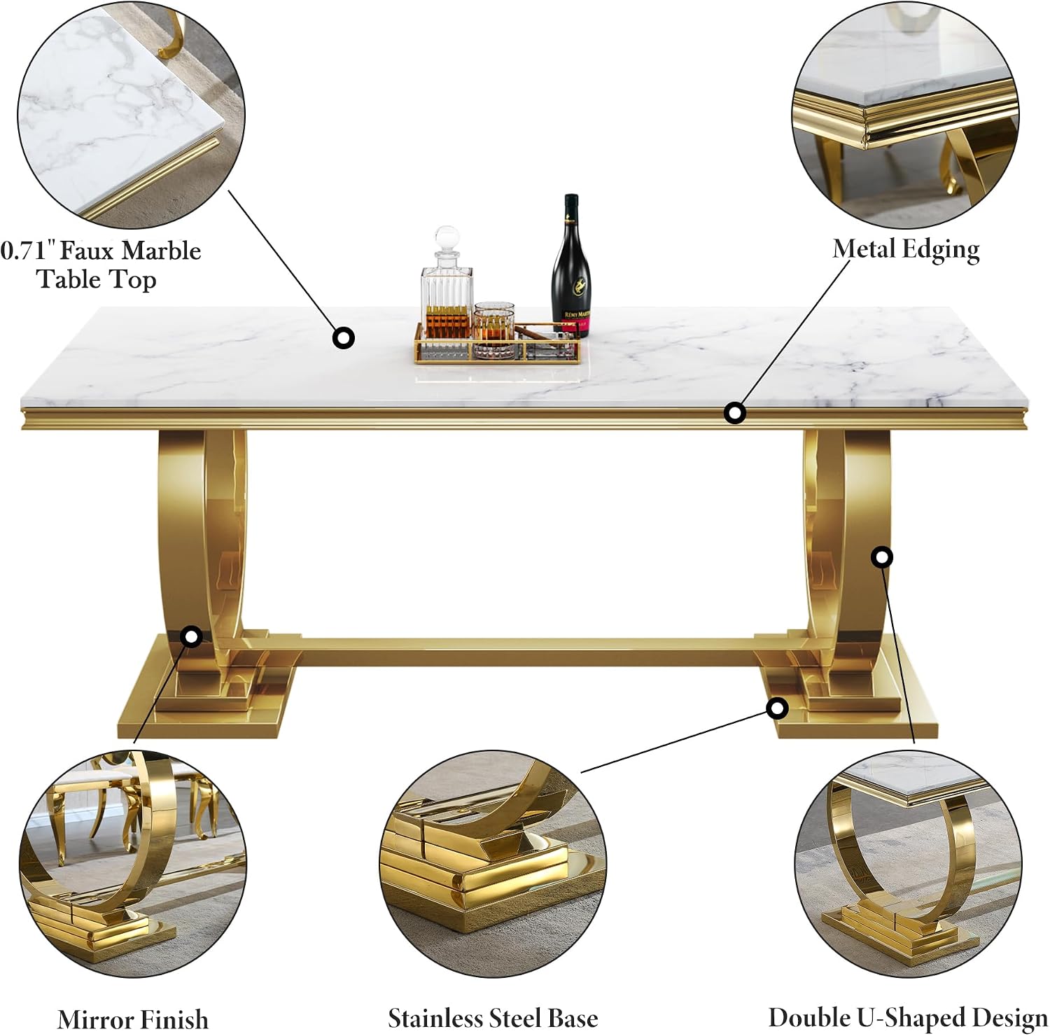 5 Pcs Dining Table Set, Kitchen and Dining Room Table Set for 4, 68" Rectangular White Faux Marble Dining Table with O-Shaped Gold Stainless Steel Base & Velvet Upholstered Beige Chairs