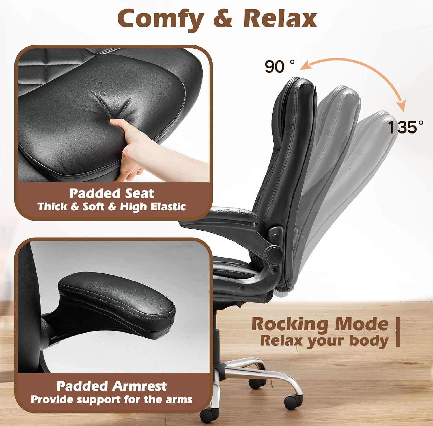 ZZW Executive Office Chair w/Flip-Up Arms Managerial Home Desk Chair w/Lumbar Support Adjustable PU Leather Ergonomic Computer Chair
