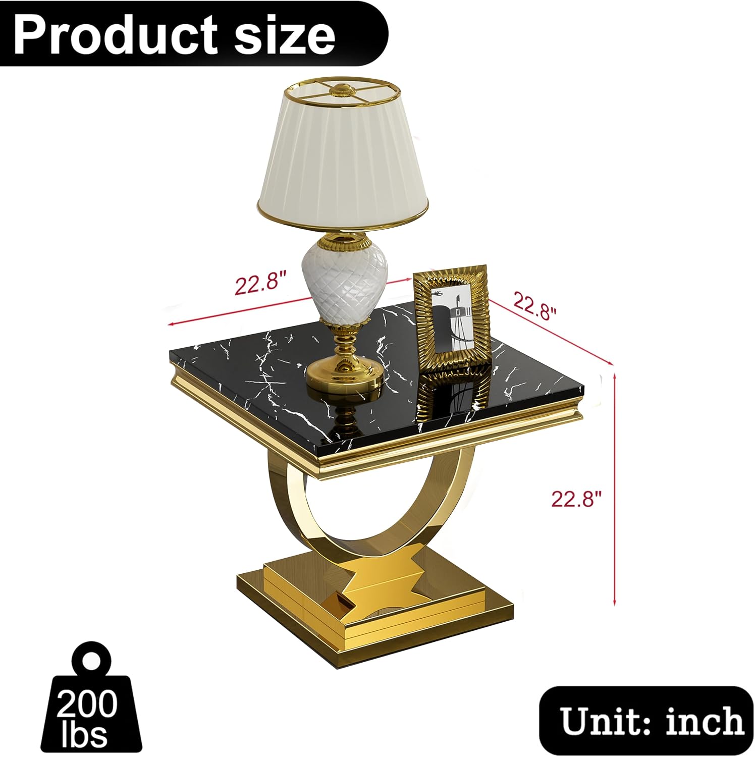Modern Marble End Table, 22.8" Square Black Side Tables with Gold Stainless Steel O-Shaped Base, Faux Marble End Table Nightstand Bedside Tables for Living Room Bedroom Office