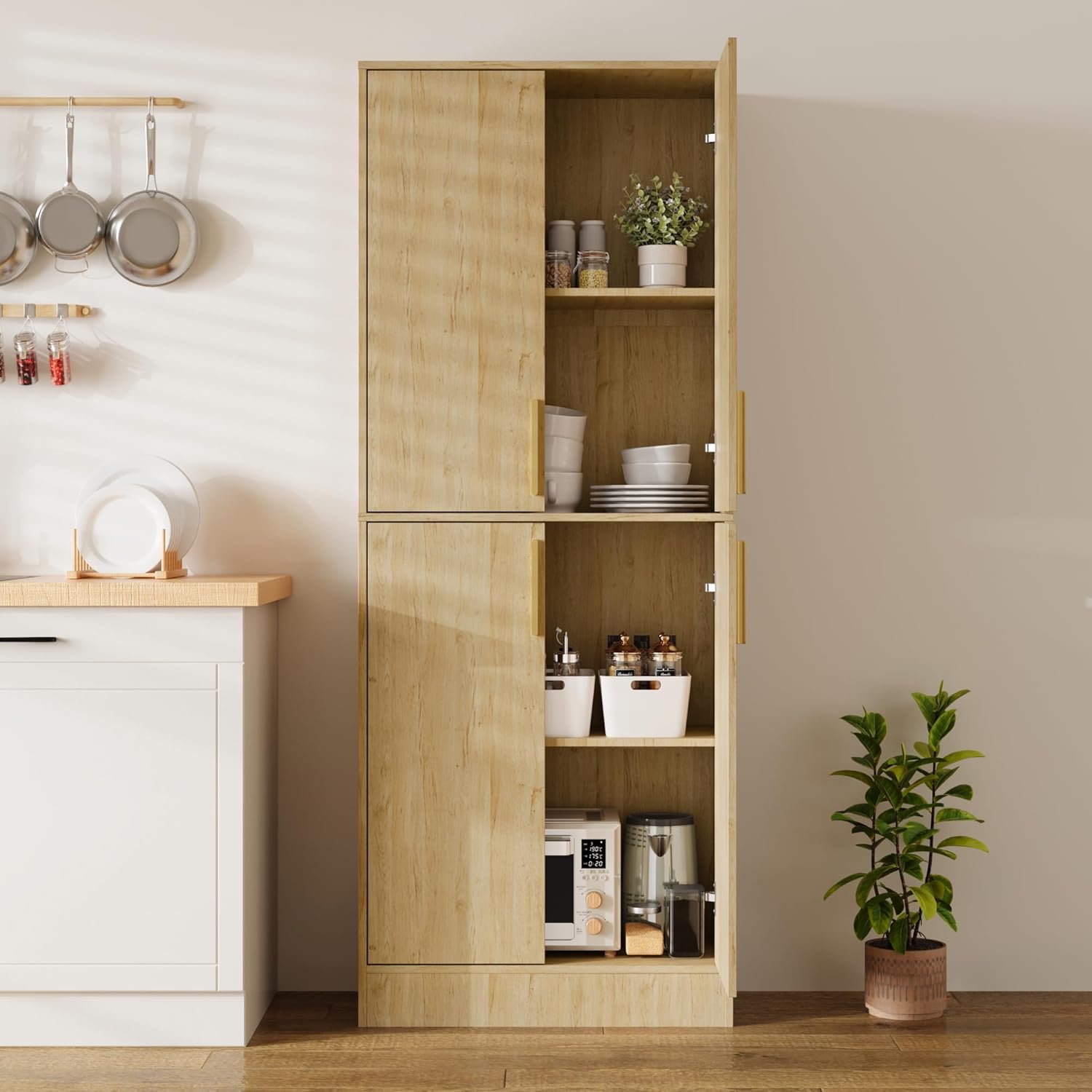 Housoul 71" Tall Pantry Cabinet with 4 Doors, Kitchen Pantry Storage Cabinet, Freestanding Larder Cupboard, Utility Kitchen Hutch with Gold Handles for Dining Room, Bathroom, Natural