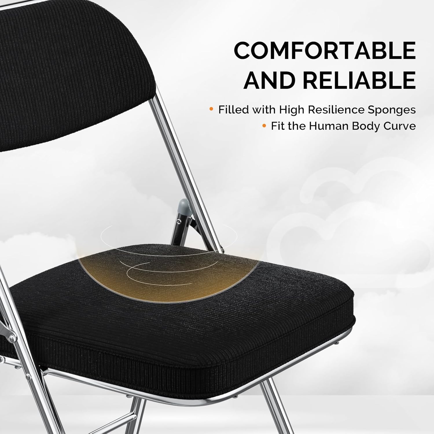 VINGLI Folding Chairs with Padded Seat & Backrest, Metal Frame, Durable Corduroy Fabric, 350 lbs Capacity, Set of 1, Black – Ideal for Weddings, Parties, Office Events