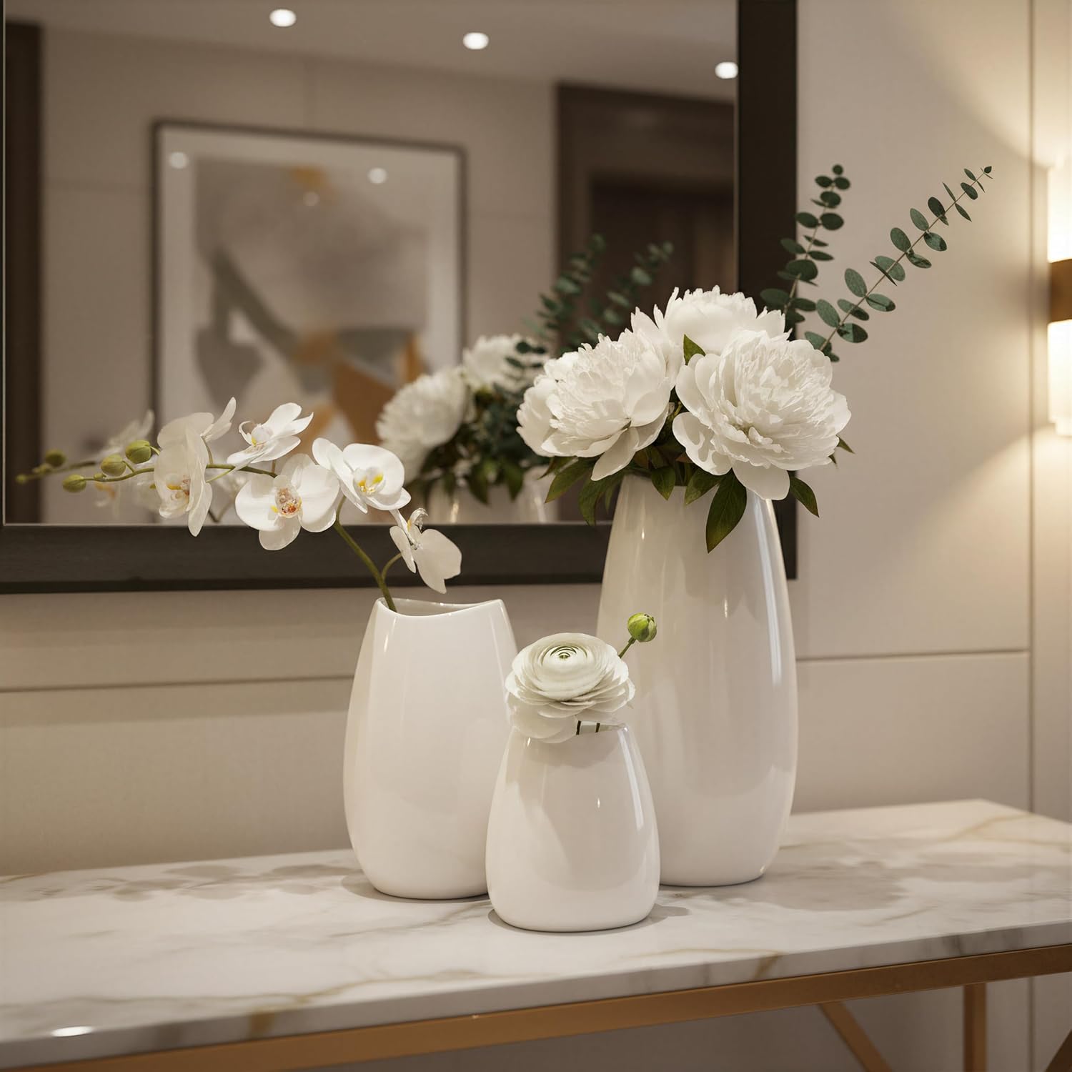 hjn Ceramic Vase Set of 3 White Flower Vase for Home Decor, Modern Decorative Vases for Flowers/Ideal Shelf Decor/Table/Living Room/Kitchen/Office-White