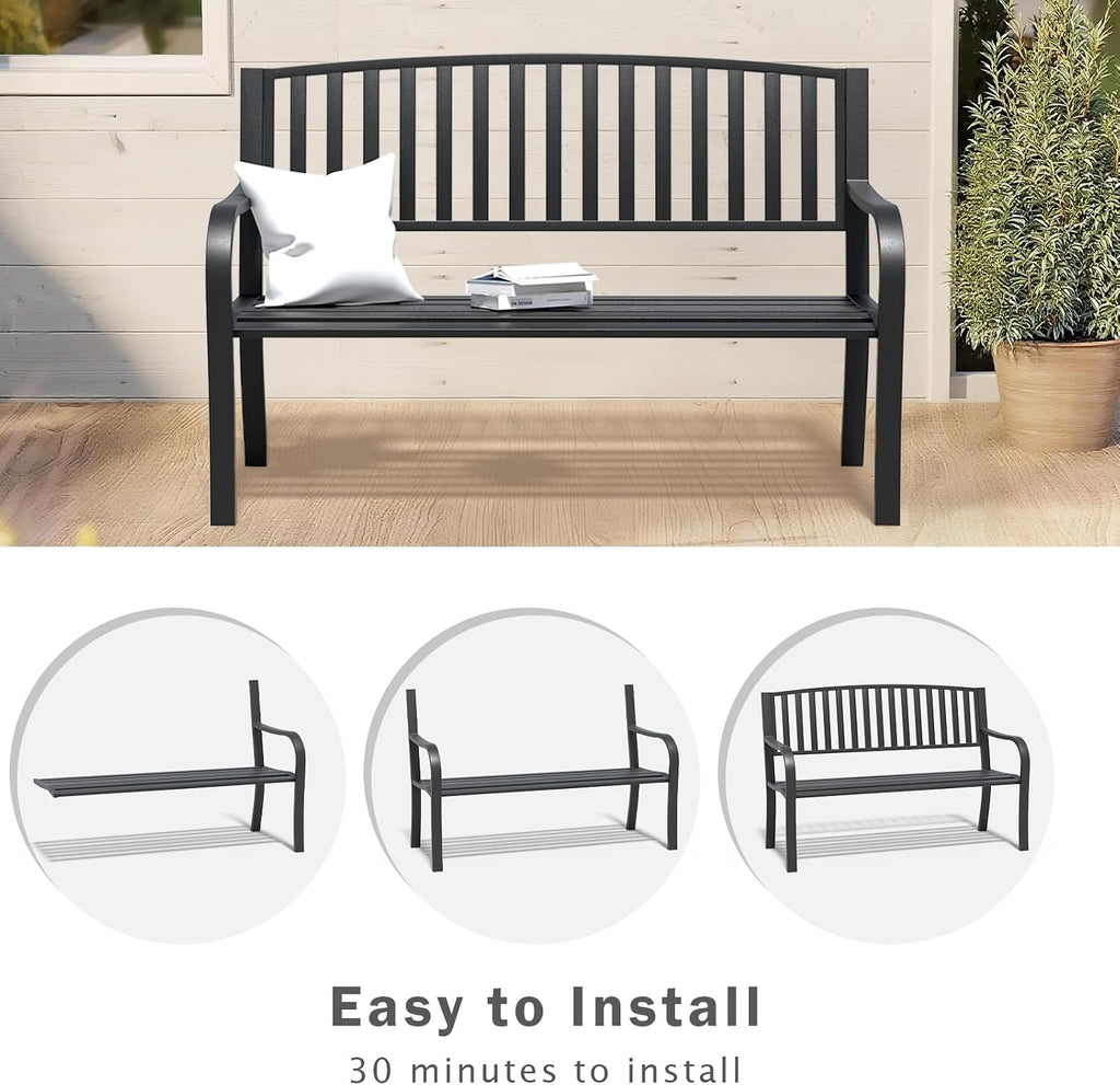 SHGJ&SOFT 50'' Outdoor Bench, Garden Bench, Outdoor Metal Frame Patio Park Bench with Backrest and Armrests,for Porch, Lawn,Garden,Yard (BK-08)