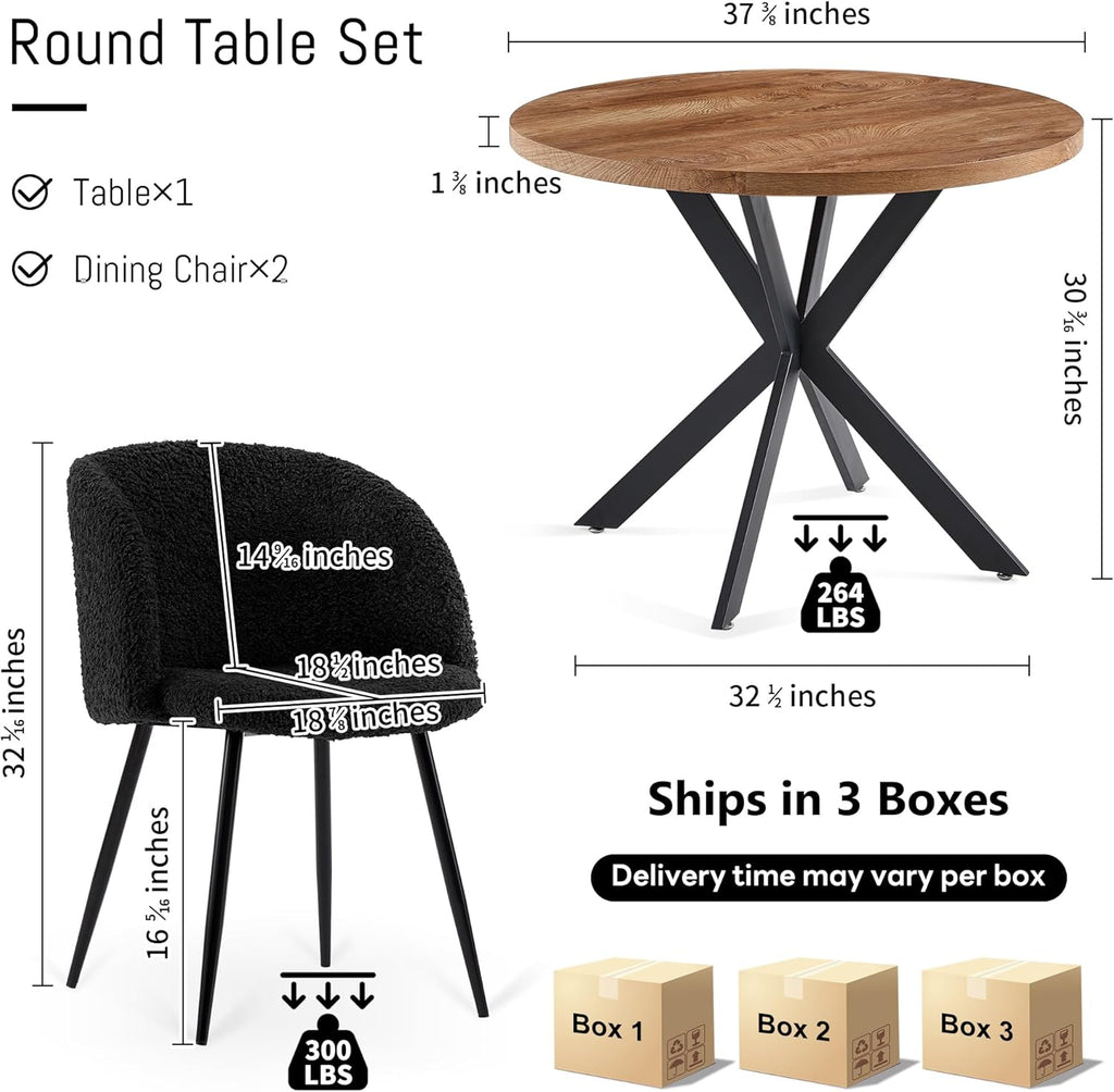 NORDICANA 3 Piece Dining Table and Chair Set, 37-Inch Engineered Wood Round Table Set with Black Fuzzy Sherpa Armchairs, Metal Leg for Small Spaces