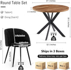NORDICANA 3 Piece Dining Table and Chair Set, 37-Inch Engineered Wood Round Table Set with Black Fuzzy Sherpa Armchairs, Metal Leg for Small Spaces