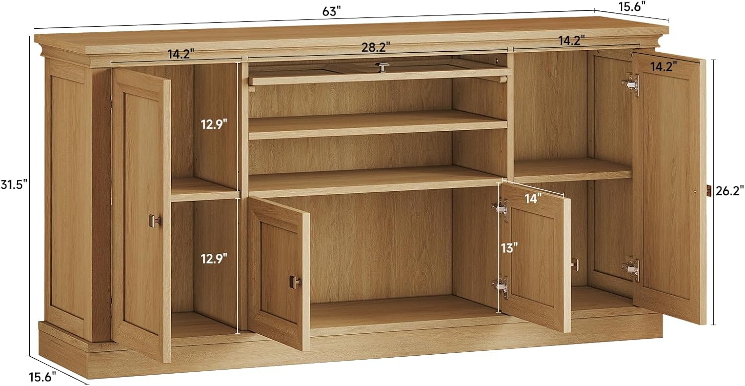 ONBRILL 63" Large Buffet Cabinet with Storage, Farmhouse Sideboard Cabinet with Grooved Barn Doors, Wood Rustic Kitchen Buffet Table Coffee Bar Storage Cabinet for Kitchen, Living Room (Natural)
