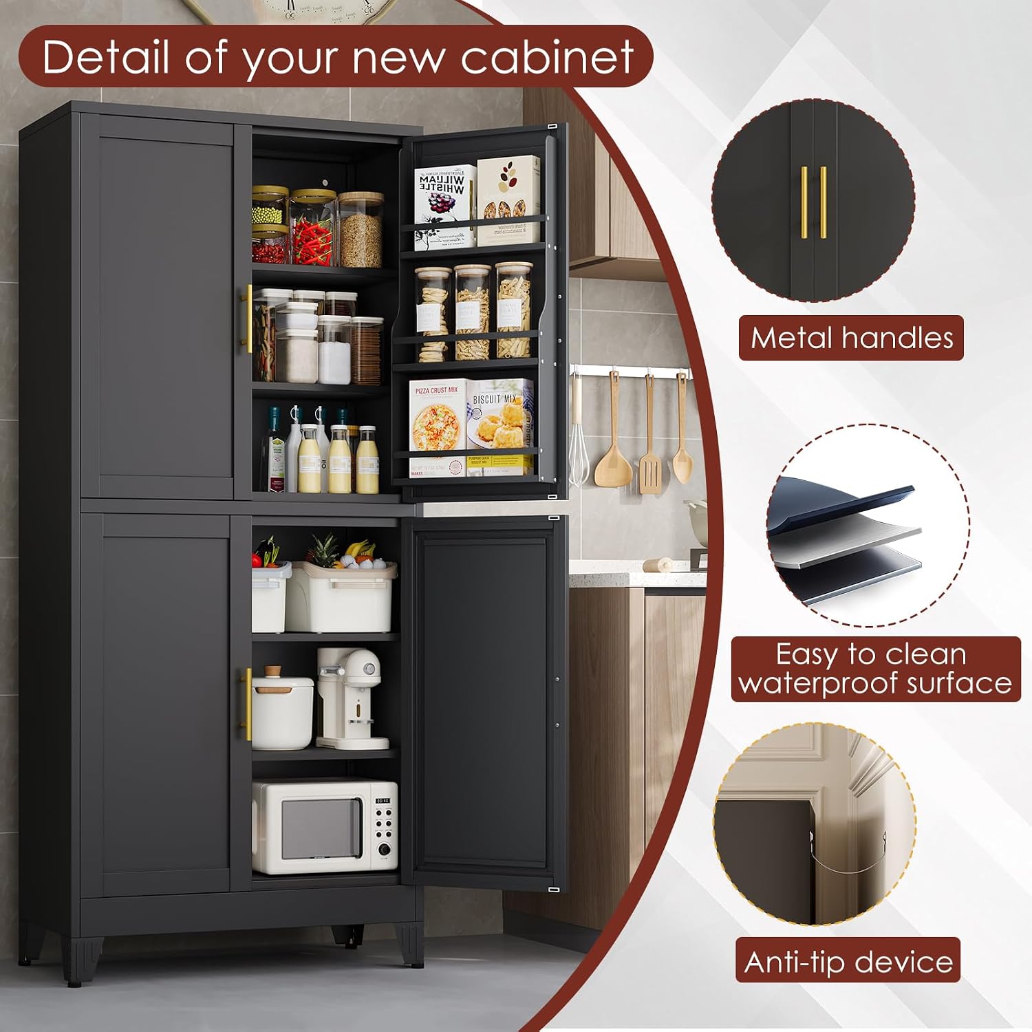 PAOFIN 75" H Metal Storage Cabinet, Pantry with 6 Door Shelves and 4 Adjustable Shelves, Leveling Foot for Kitchen, Living Room and Dinning Room, Black