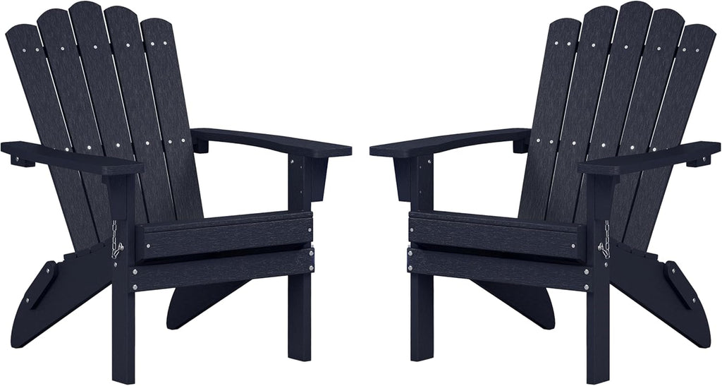 Folding HDPE Adirondack Chair Set of 2, Weather-Resistant Patio Chair with Wide Armrests & High Backrest, Fire Pit Chair for Garden, Backyard, Porch (Blue)