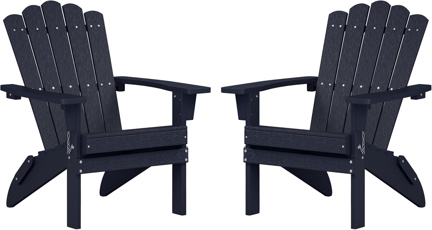 Folding HDPE Adirondack Chair Set of 2, Weather-Resistant Patio Chair with Wide Armrests & High Backrest, Fire Pit Chair for Garden, Backyard, Porch (Blue)