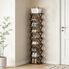 The 9-Tier No-Assembly Bamboo Rack, New Upgrade 9 Tier Bamboo Shoe Rack, Space-Saving Tall Narrow Accordion Shoe Rack for Entryway Closet Dorm (Brown-9)