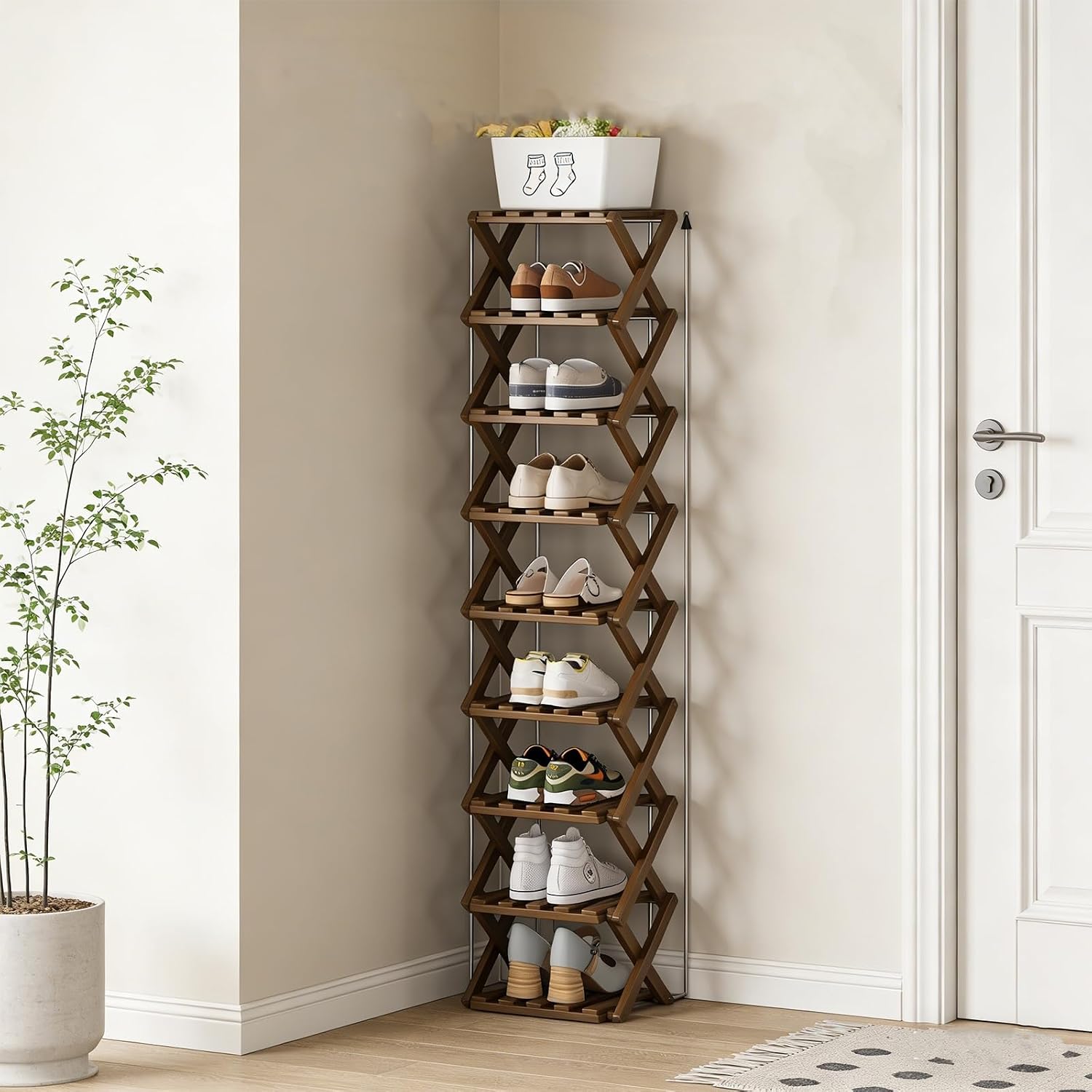 The 9-Tier No-Assembly Bamboo Rack, New Upgrade 9 Tier Bamboo Shoe Rack, Space-Saving Tall Narrow Accordion Shoe Rack for Entryway Closet Dorm (Brown-9)