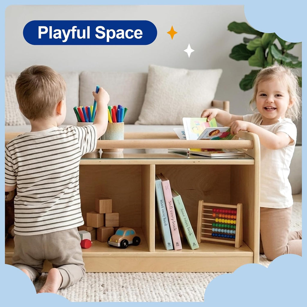 Montessori Shelf with Activity Top and Mirror, Birch Plywood Toy Storage Cabinet, Wooden Toddler Tummy Time Furniture for Home, Daycare Cubbies, Preschool, Playroom, Nursery, Kindergarten