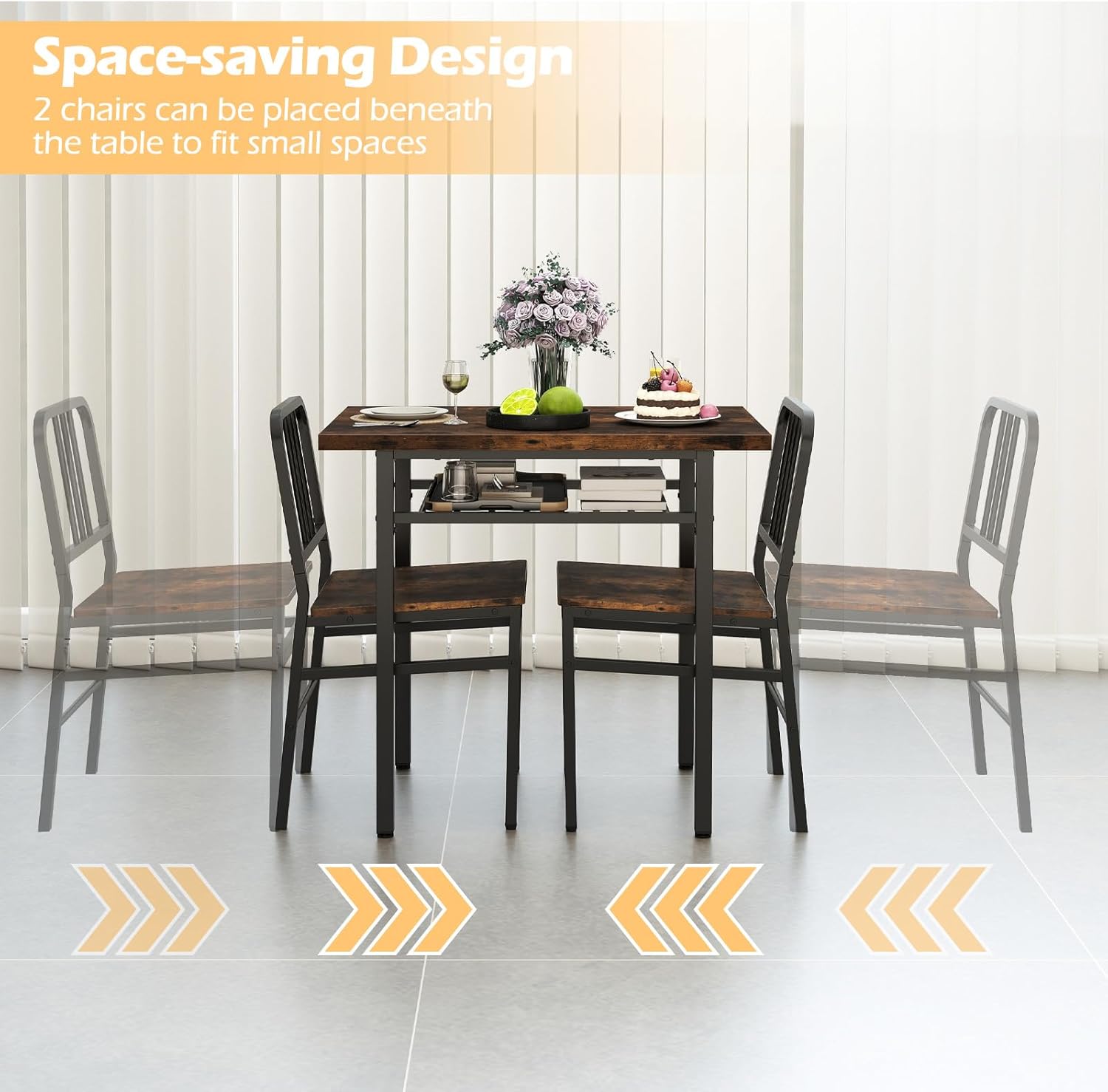 GOFLAME 3-Piece Dining Table Set for 2, Wooden Rectangular Kitchen Table and 2 Chairs with Storage Rack and Metal Frame, Space-Saving Dinette Set for Dining Room, Apartment, Small Space, Rustic Brown