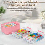 Gifhomfix 3-Layer Plastic Craft Organizers and Storage Box with Removable Trays, Storage Containers with lids and Handle, Art Supply Storage Organizer for Bead, Ornament, Nail Polish, Tape（Pink）