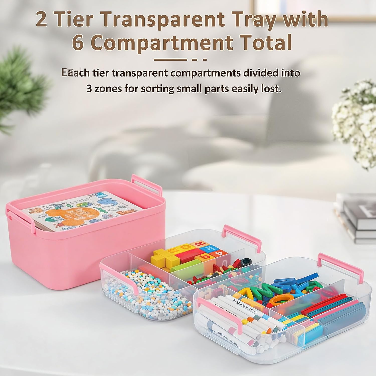 Gifhomfix 3-Layer Plastic Craft Organizers and Storage Box with Removable Trays, Storage Containers with lids and Handle, Art Supply Storage Organizer for Bead, Ornament, Nail Polish, Tape（Pink）