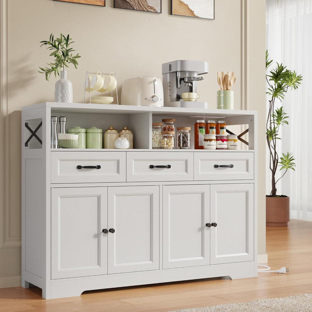 Ahomly 51" Buffet Cabinet with Adjustable Storage, Charging Port - 3 Drawers & 4 Doors Large Sideboard, Multi - Scene Coffee Bar/Microwave Stand for Kitchen,Living Room,Entryway（White）