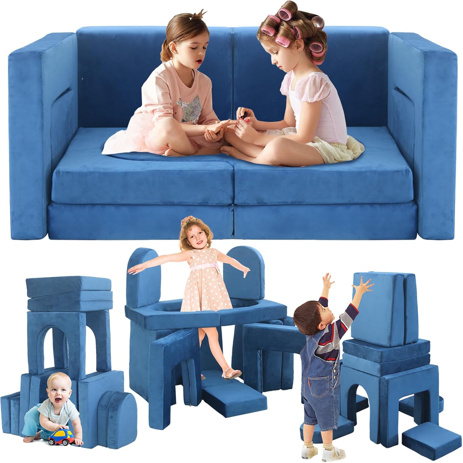 12pcs Modular Kids Play Couch,Kids Couch Building Fort Toddler Modular Sectional Sofa,DIY Creativing Convertible Foam Play Couch for Playroom Bedroom Furniture(Dark Blue,12PACK)
