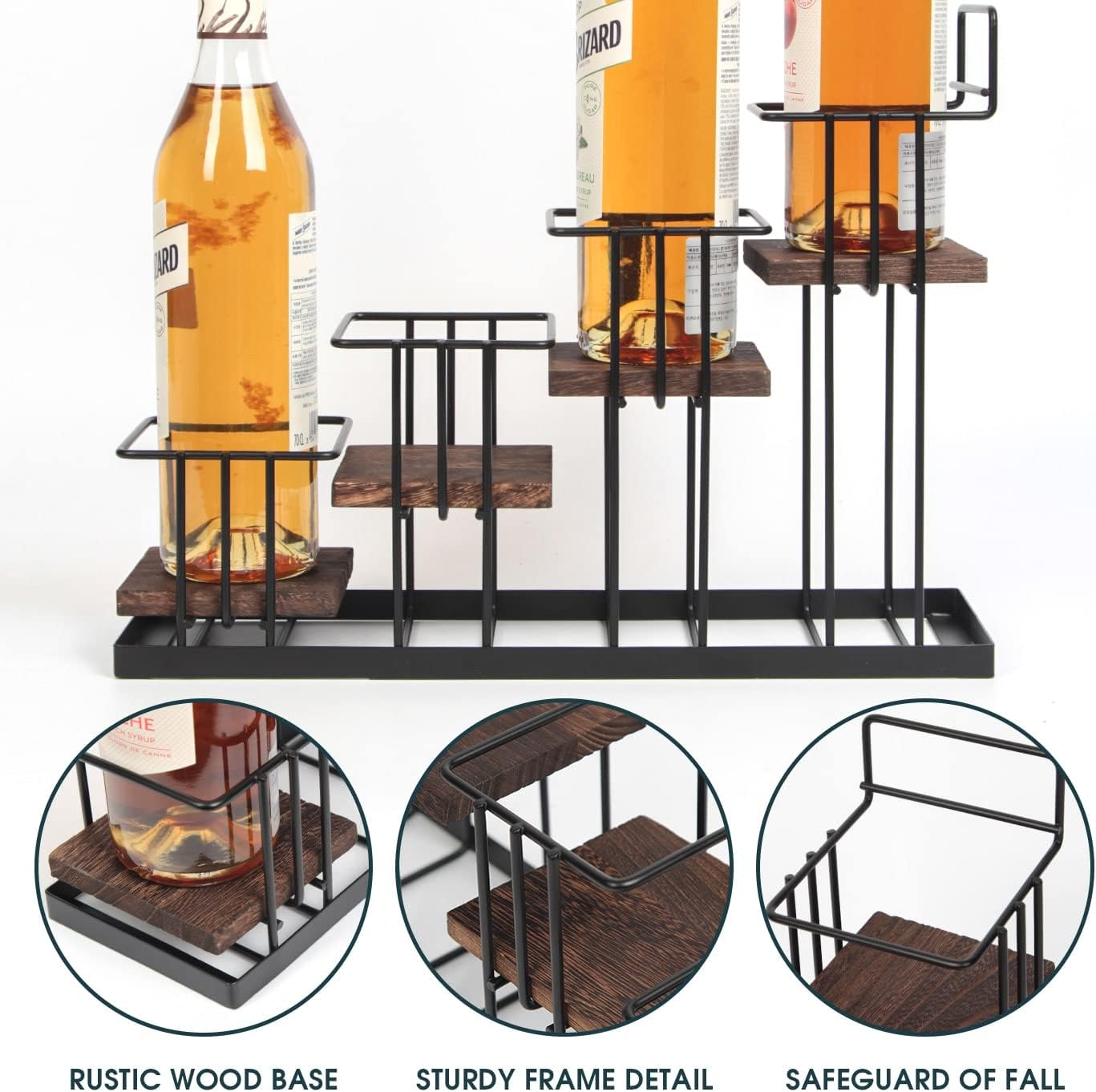 Coffee Syrup Organizer Rack, Rustic Wood and Metal Wire, 4-Tier Display Holder Coffee Station Bar Accessory for Syrup, Wine, Dressing Bottle Countertop Display Storage Stand for Kitchen - MK816A