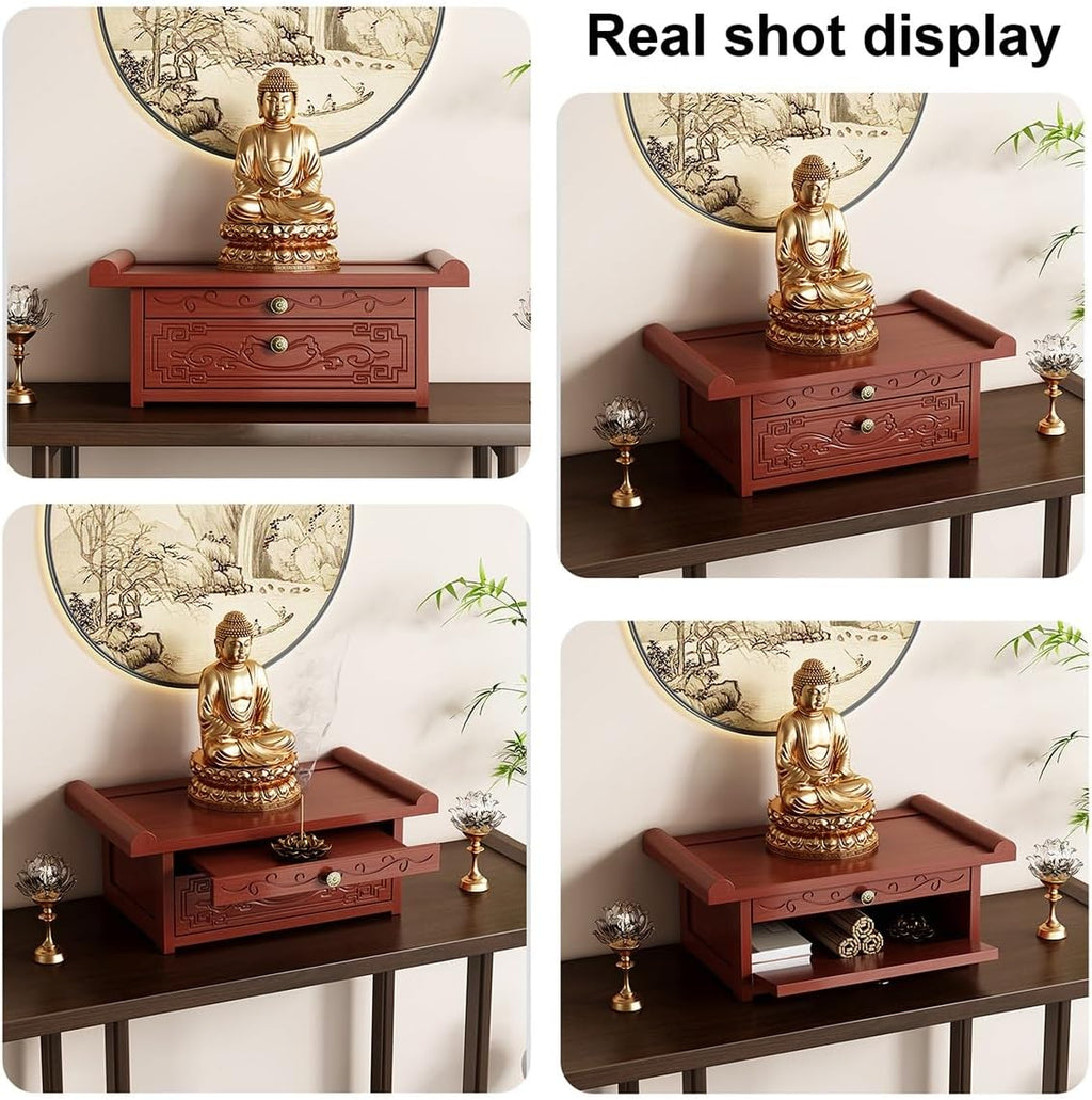 Personal Shrine Desk, Solid Bamboo Buddha Altar Cabinet with Storage, Prayer Meditation Table for Living Room, Bedroom, Office(15.7 * 11.8 * 7.5in)