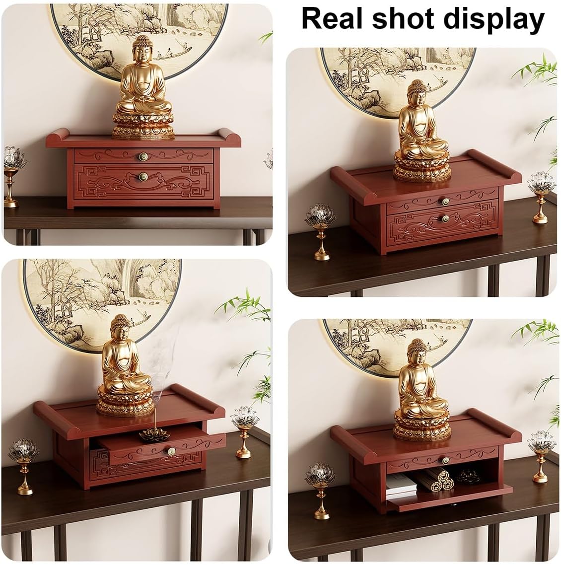 Personal Shrine Desk, Solid Bamboo Buddha Altar Cabinet with Storage, Prayer Meditation Table for Living Room, Bedroom, Office(15.7 * 11.8 * 7.5in)