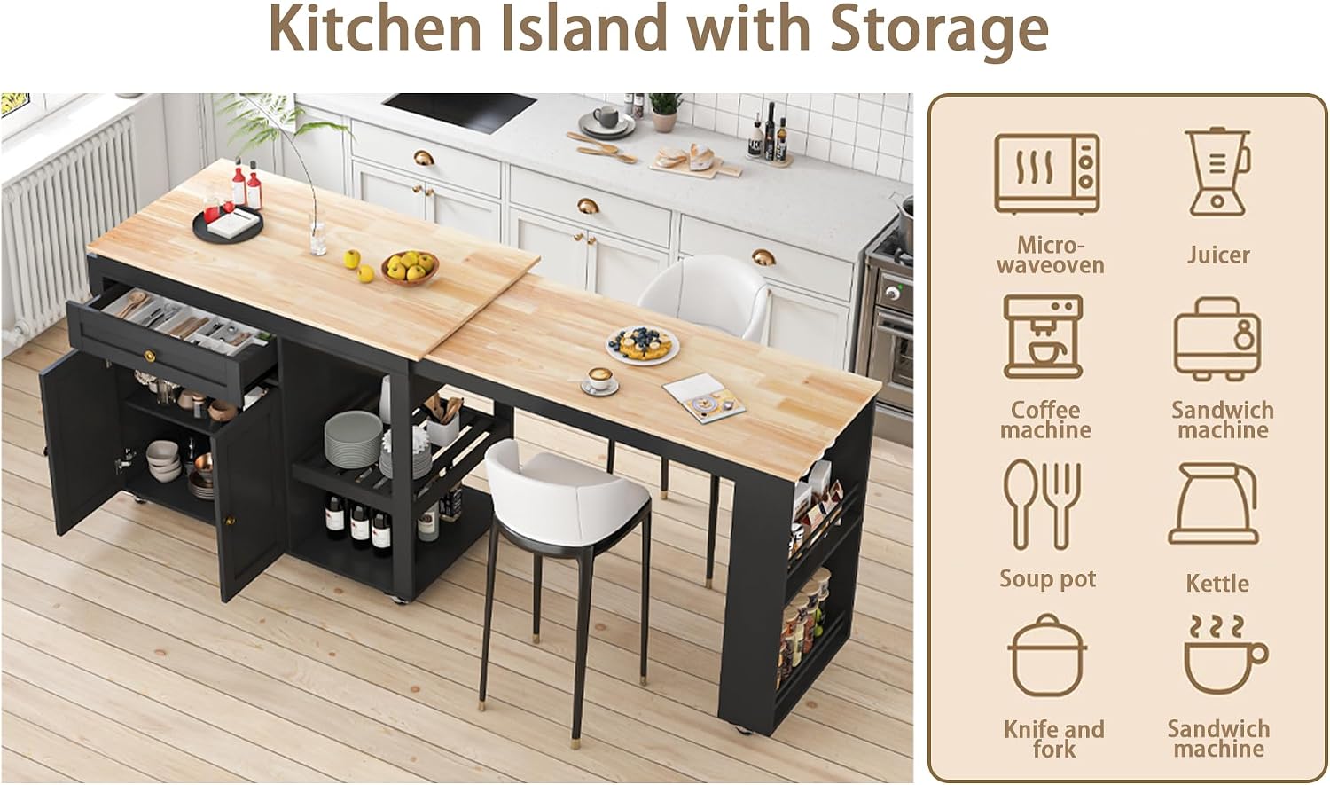 JassmiPkwy 78'' Rolling Kitchen Island with Extendable Dining Table for 4, Kitchen Islands on Wheels w/Pull Out Table, Drawer, 2-Tier Storage Shelf, Hooks, Black
