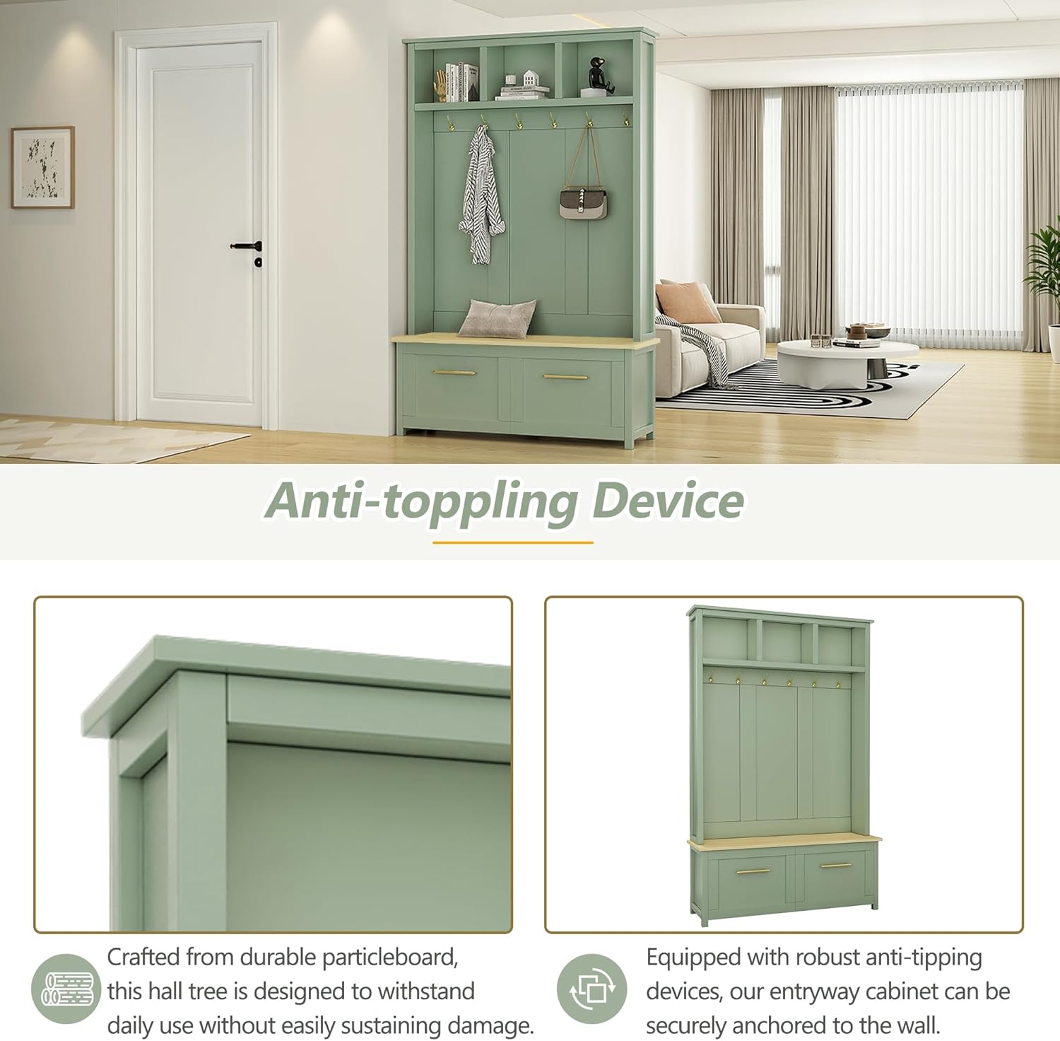 Multifunctional 4-in-1 Hall Tree with 6 Golden Hooks and Brown Wood Grain Storage Bench, Wood Entryway Coat Rack with 2 Drawers for Living Room, Hallway (Mint Green)