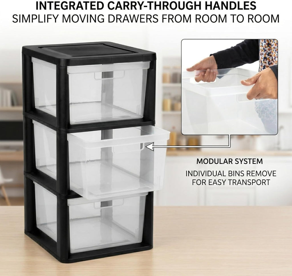 3-Drawer Plastic Storage Organizer Tower, Black Frame with Clear Removable Bins, Tool-Free Assembly, 25.25" H - Stationary Multi-Purpose Drawer Storage