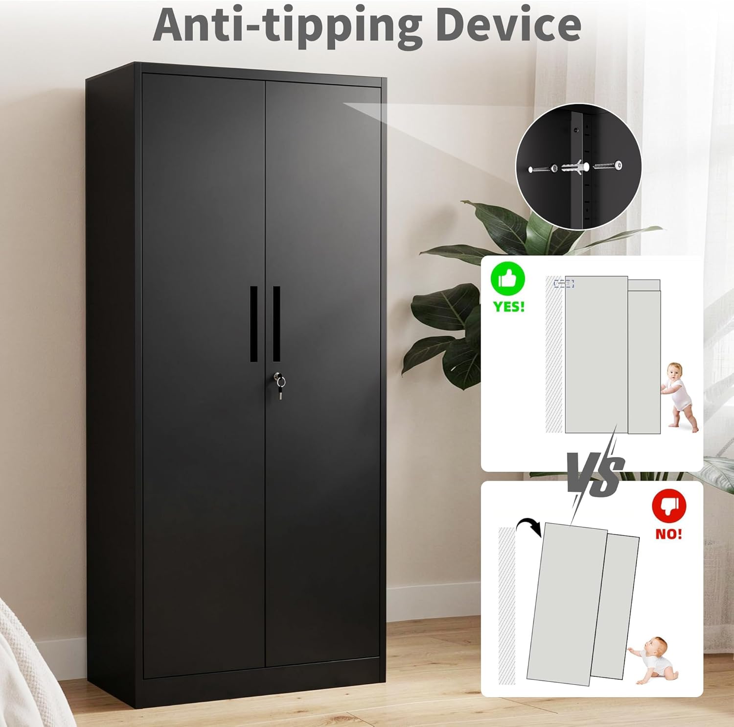Metal Storage Cabinet with 2 Doors and 4 Shelves, 72" H Metal Cabinet with Lock, Steel Locking File Cabinet, Lockable Storage Cabinet, Tool Cabinet for Home, Office,Garage, School, Black