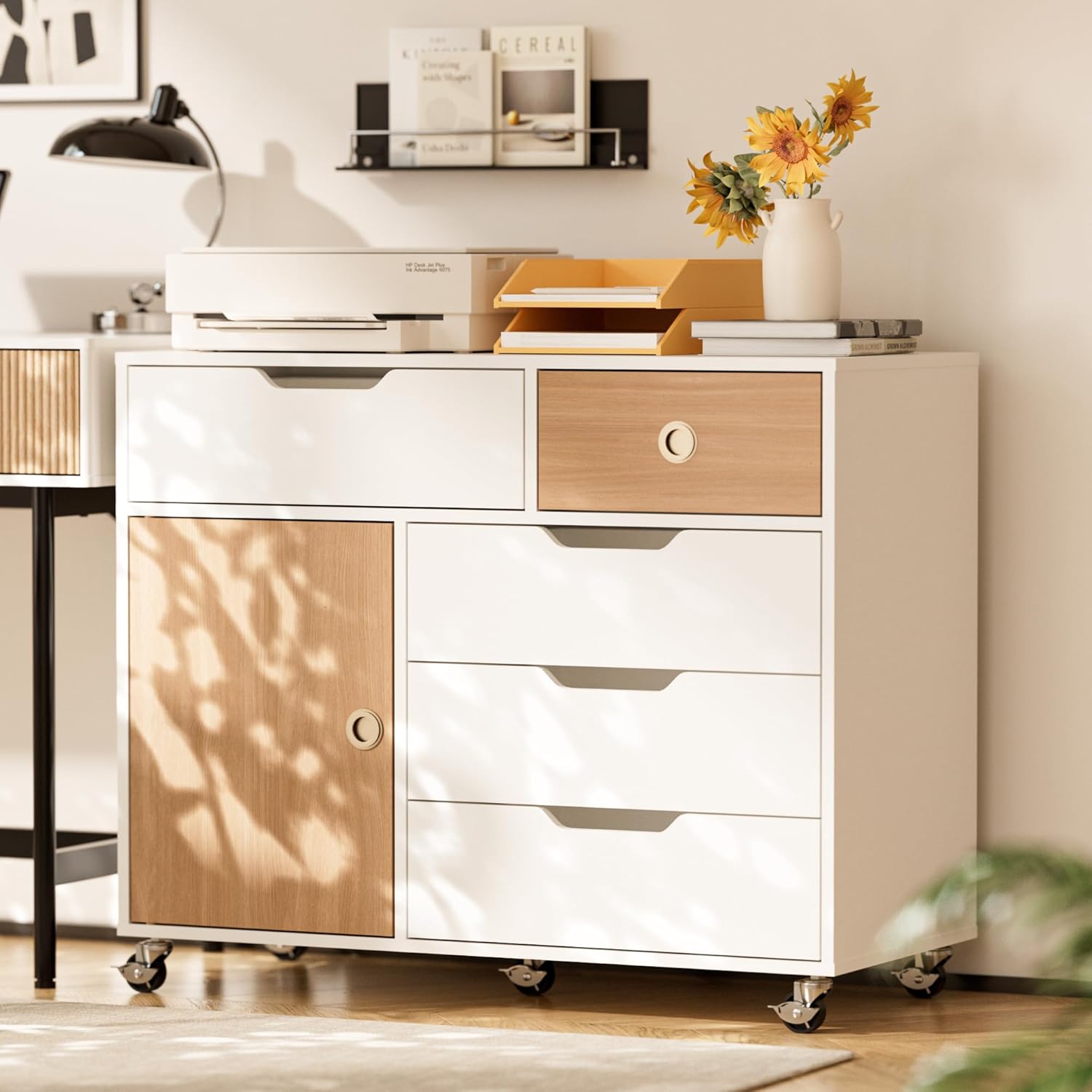 5 Drawers Mobile File Cabinet with Door, Rolling File Cabinet Printer Stand Table Craft Storage Cabinet, Under Desk Wooden Filing Cabinets for Home Office Essentials Storage Organization Furniture