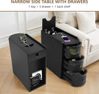 Narrow End Table Set of 2, Metal Rattan Side Table with Storage, Narrow Charging Nightstand with 3 Drawer for Bedroom Bedside, Living Room Couch Sofa, Desk Side Table for Small Spaces - Black