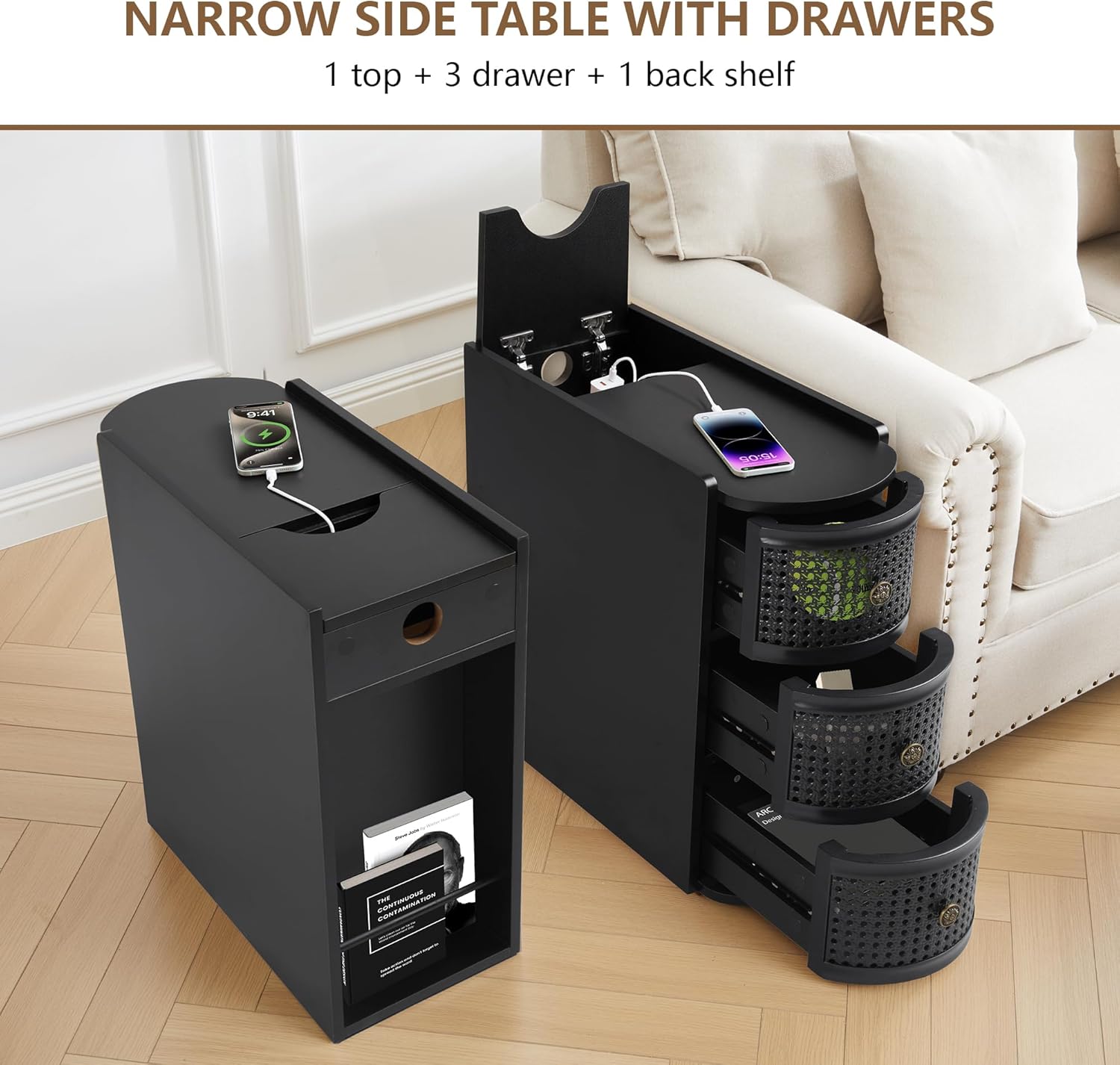 Narrow End Table Set of 2, Metal Rattan Side Table with Storage, Narrow Charging Nightstand with 3 Drawer for Bedroom Bedside, Living Room Couch Sofa, Desk Side Table for Small Spaces - Black