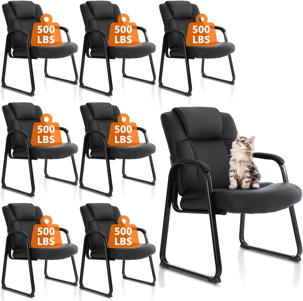 CLATINA Big and Tall Office Chair Set of 8 500lbs Leather Reception Chair with Bonded Padded Armrest Wide Seat Sled Base Desk Chair No Wheels for Reception Conference Waiting Room Side Office, Black