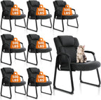 CLATINA Big and Tall Office Chair Set of 8 500lbs Leather Reception Chair with Bonded Padded Armrest Wide Seat Sled Base Desk Chair No Wheels for Reception Conference Waiting Room Side Office, Black