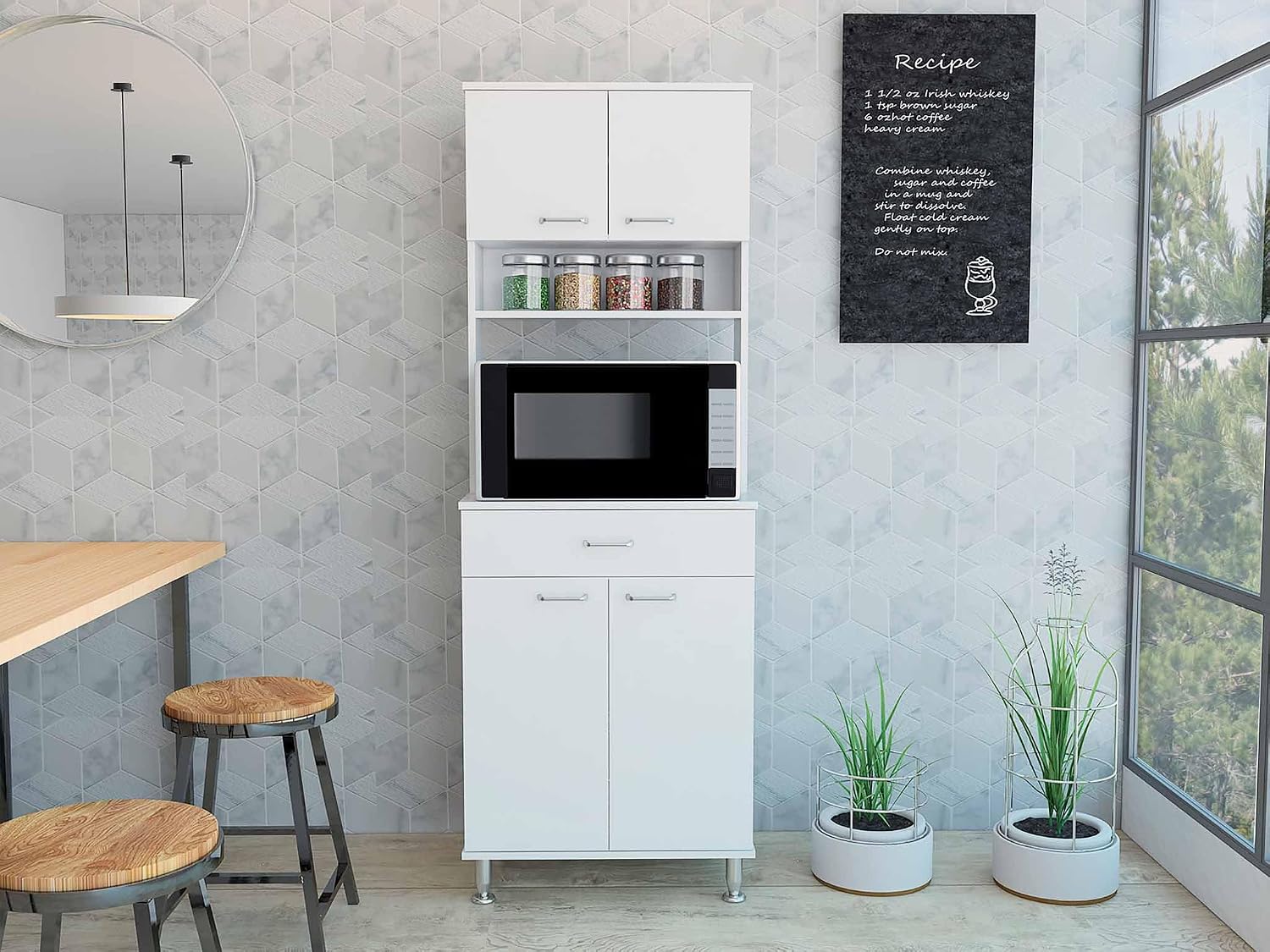 66" H Kitchen Pantry Cabinet Storage,4-Door Wooden Cupboard Credenza Bufffet Cabinet Freestanding Kitchen Hutch with Wine Coffee Bar Microwave Stand,White
