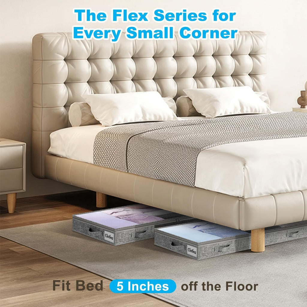 5 Inch Low Profile Under Bed Storage Drawer 2 Pack, Lightweight Underbed Clothes Storage Container Bins With NO STURCTURE, Shallow Storage Bag for Dorm & Home, With Clear Lids & Water-Resistant Fabric