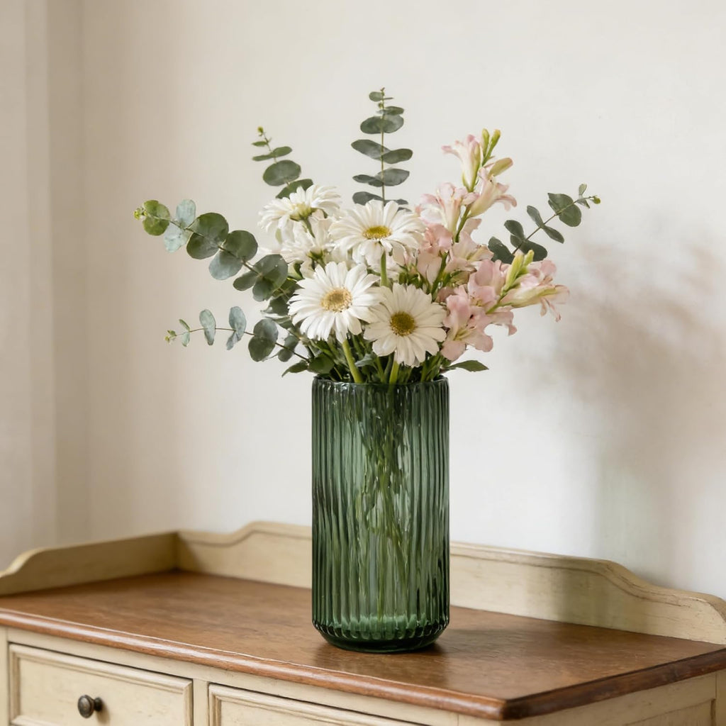 TIMEFOTO Flower Vase 7.5 inch Green Thickened Glass Vase for Bookshelf,Dinner Table,Indoor Office Desktop,Meeting Room,Bathroom,Countertop,Home Christmas Day Decoration