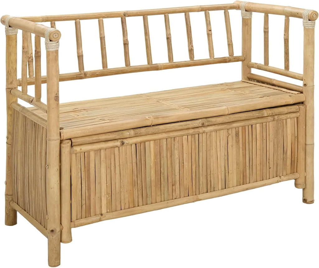 Bamboo Garden Storage Bench 110x47x80 cm, Outdoor Storage Bench with Hidden Compartment, Natural Finish Post Leg Design for Patio