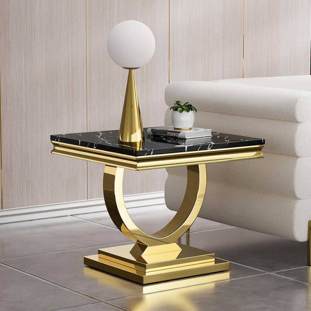 Modern Marble End Table, 22.8" Square Black Side Tables with Gold Stainless Steel O-Shaped Base, Faux Marble End Table Nightstand Bedside Tables for Living Room Bedroom Office
