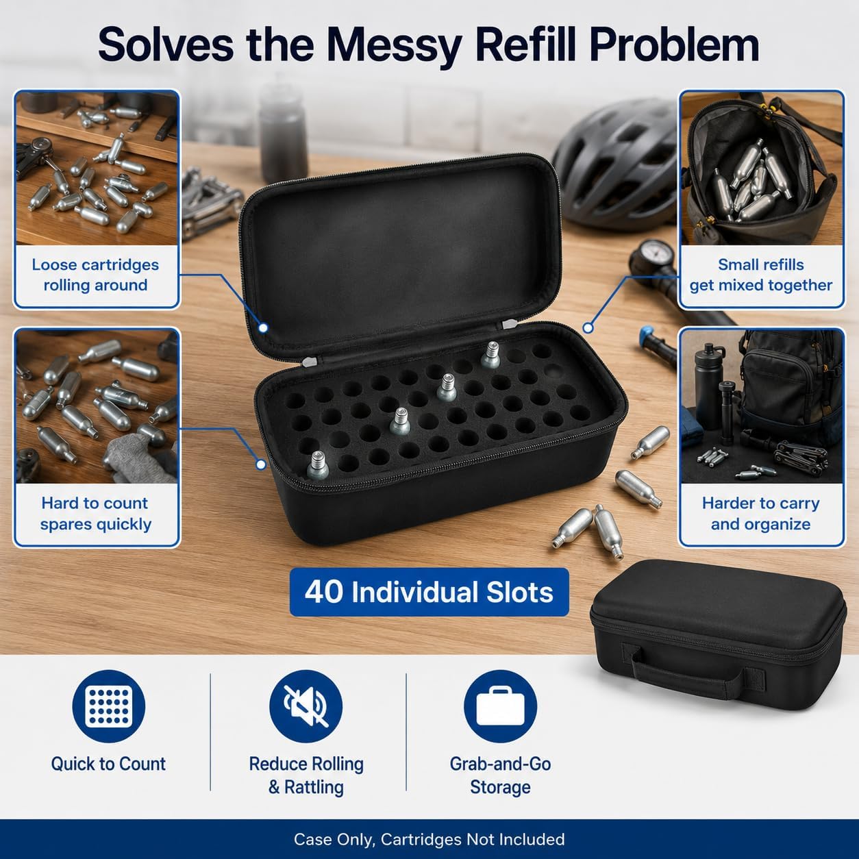 ALKOO CO2 N2O Cartridge Organizer Case Only, 40-Slot Holder for 8g/12g Refills, Fits for Crosman for Umarex for Daisy for Leland Style Cartridges, Hard Storage Box for Bike Inflators (40-Slot)