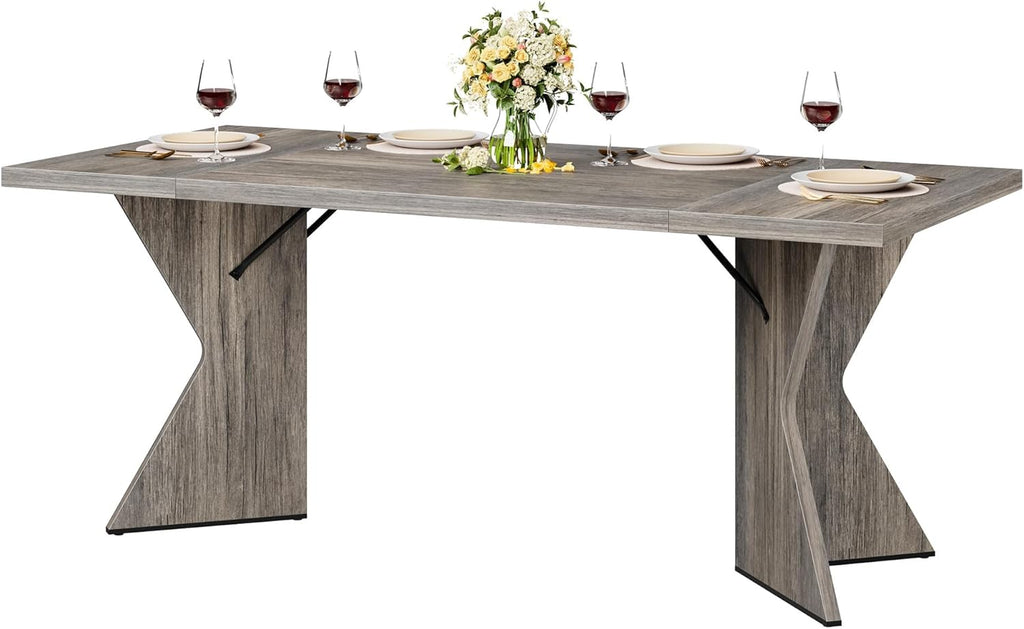 GarveeHome 70.9'' Dining Table for 6, Farmhouse Rectangular Kichen Table with Sturdy Frame and “V” Leg, Wooden Thickened Long Desk and Dinner Desk for Dining Room, Kitchen, Office, Game Room(Grey)