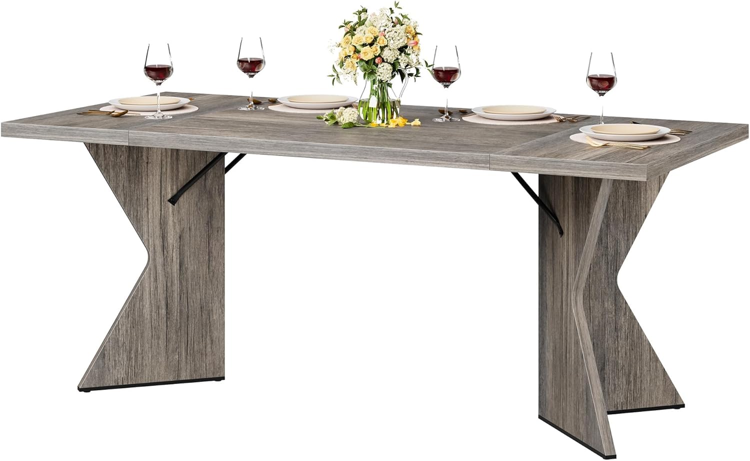 GarveeHome 70.9'' Dining Table for 6, Farmhouse Rectangular Kichen Table with Sturdy Frame and “V” Leg, Wooden Thickened Long Desk and Dinner Desk for Dining Room, Kitchen, Office, Game Room(Grey)