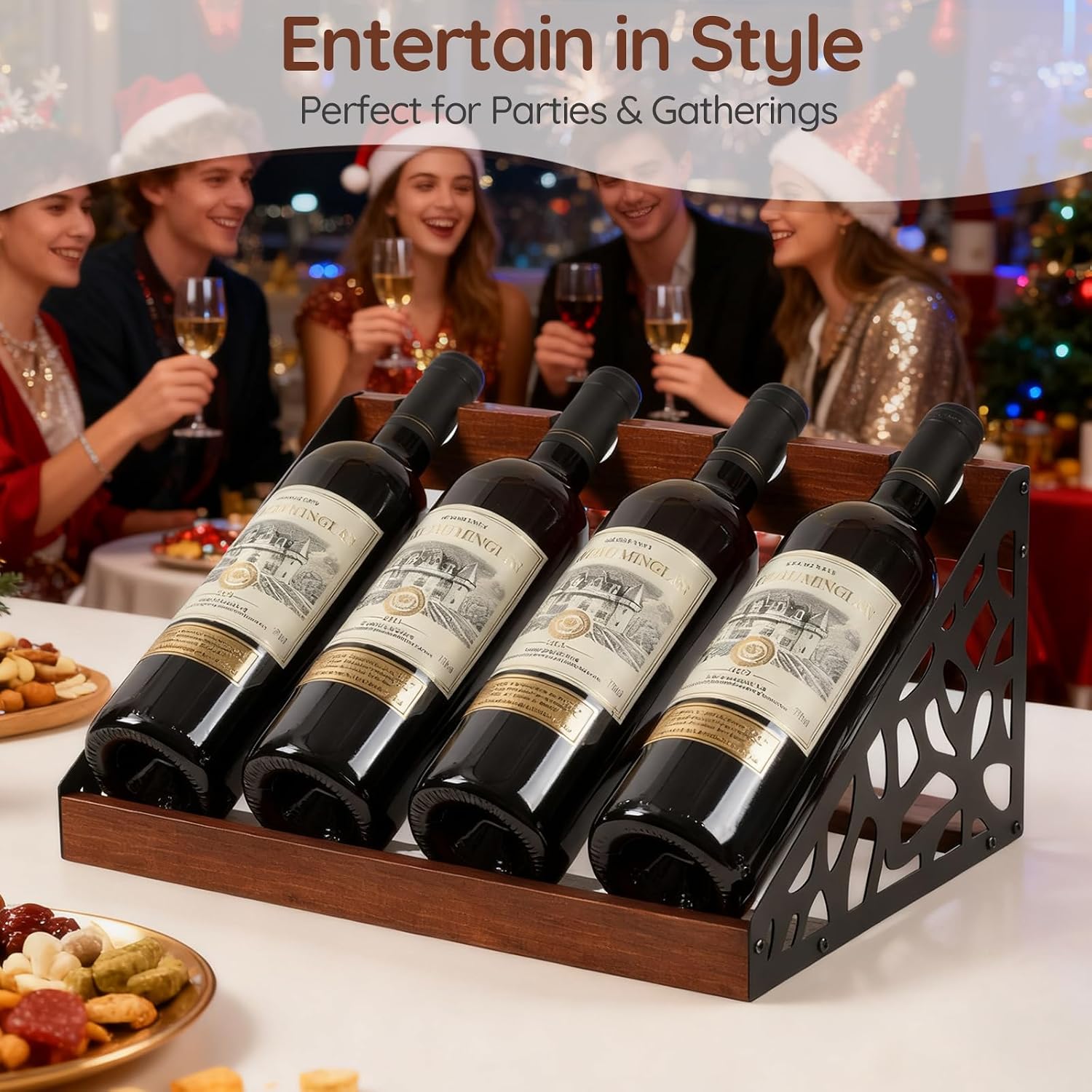 4-Bottle Rustic Countertop Wine Rack, Freestanding Wooden Tabletop Wine Bottle Holder for Cabinet, Pantry, Table, Kitchen