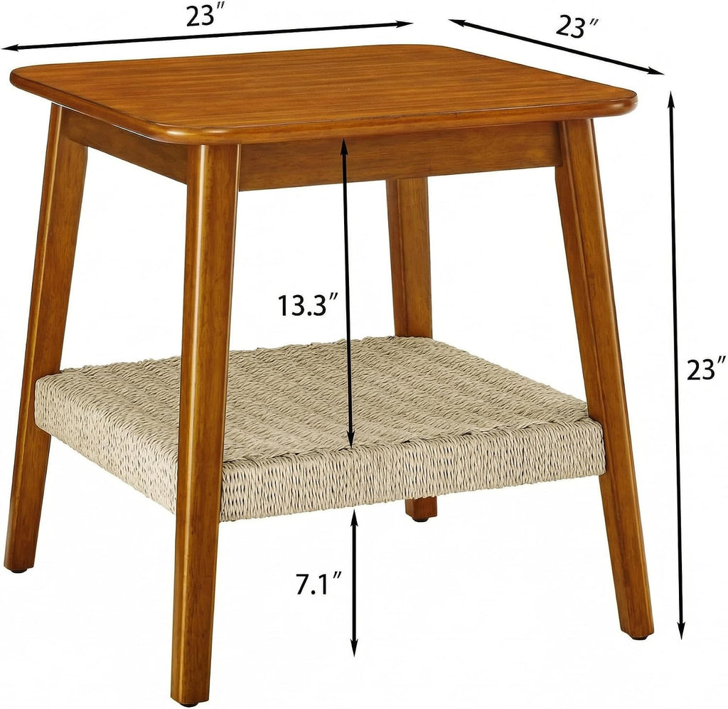 23" Mid-Century Side Table with Woven Shelf, Walnut Finish, Solid Wood and MDF, Storage Bedside Table for Living Room, Bedroom, Patio, Home Office