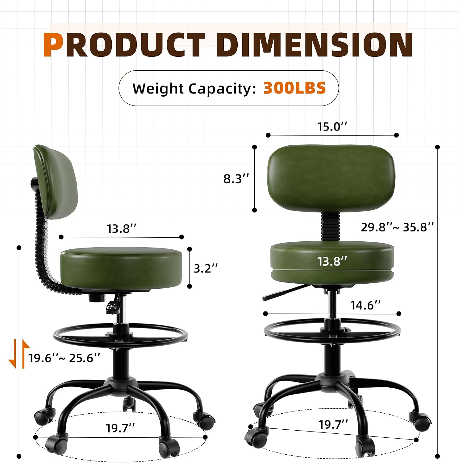 Drafting Chair with Back, Adjustable Foot Rest Rolling Stool(1, Green)