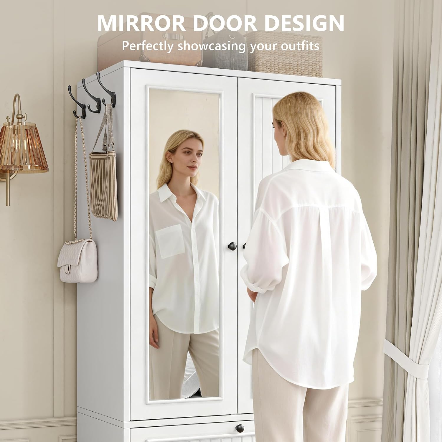 Feonase Armoire Wardrobe Cabinet with Mirror and Drawer, 70" 2-Door Wooden Closet Organizer for Bedroom Storage, White