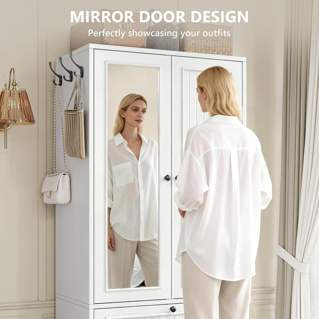 iPormis Wood Armoire Wardrobe Closet with Mirror Door and Drawer, 2 Doors Bedroom Storage Cabinet for Hanging Clothes, White