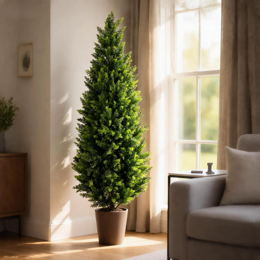 Artificial Cedar Topiary Trees 4ft Set of 2,Fake Shrubs with Ground Spike,UV Resistant Cypress Tree,Faux Bushes for Outdoors,Fake Plants for Outdoor Indoor Front Porch Patio Garden Decor