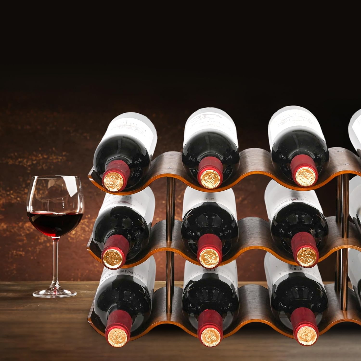 Countertop Wine Rack - 12 Bottle Freestanding Wine Bottle Holder Stand - 3 Tier Wooden Wine Storage Rack - Walnut Wavy Wine Organizer for Cabinet Pantry Home Kitchen Bar